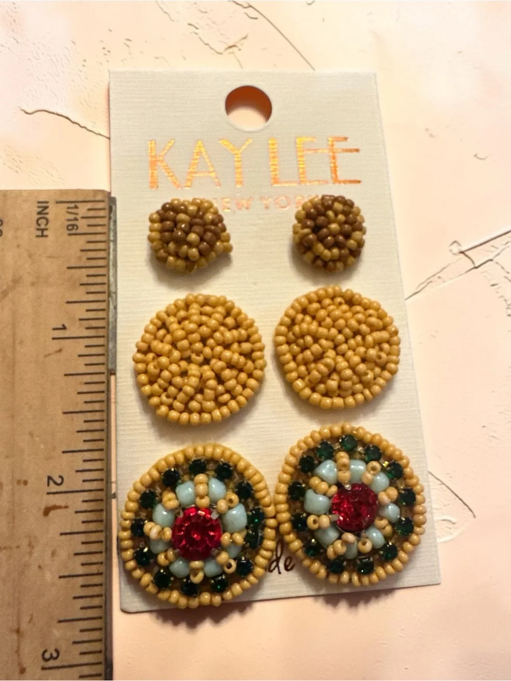 Kay Lee New York Beaded Stud Earrings Set of 3 Mustard Floral